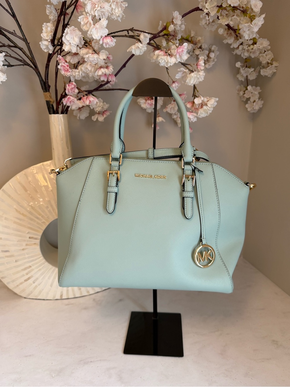 Michael Kors Mint Green Saffiano Leather Satchel with Gold Hardware